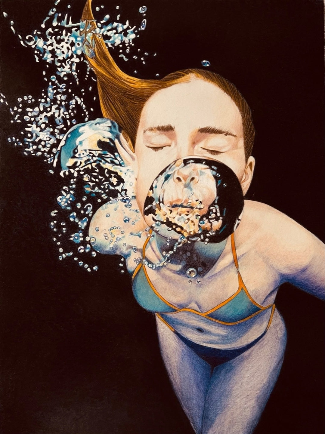 Artistic depiction of a woman underwater with bubbles and a dark background
